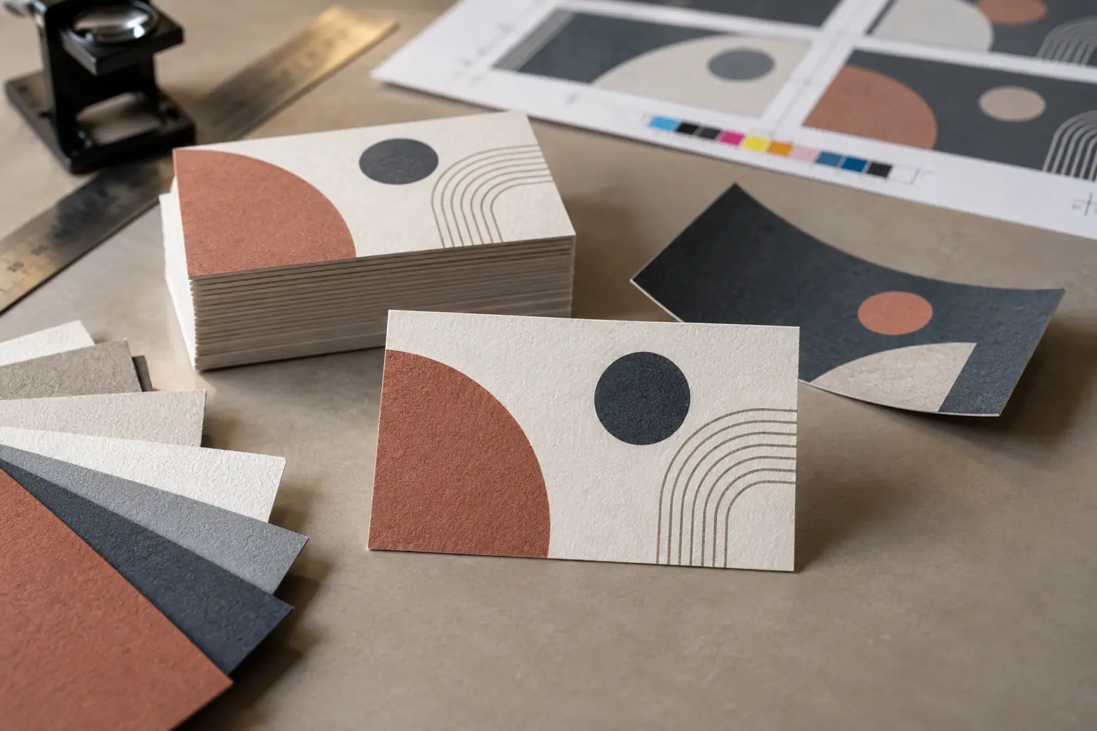 Printed paper visiting cards beside card-stock samples, a ruler and colour proof artwork