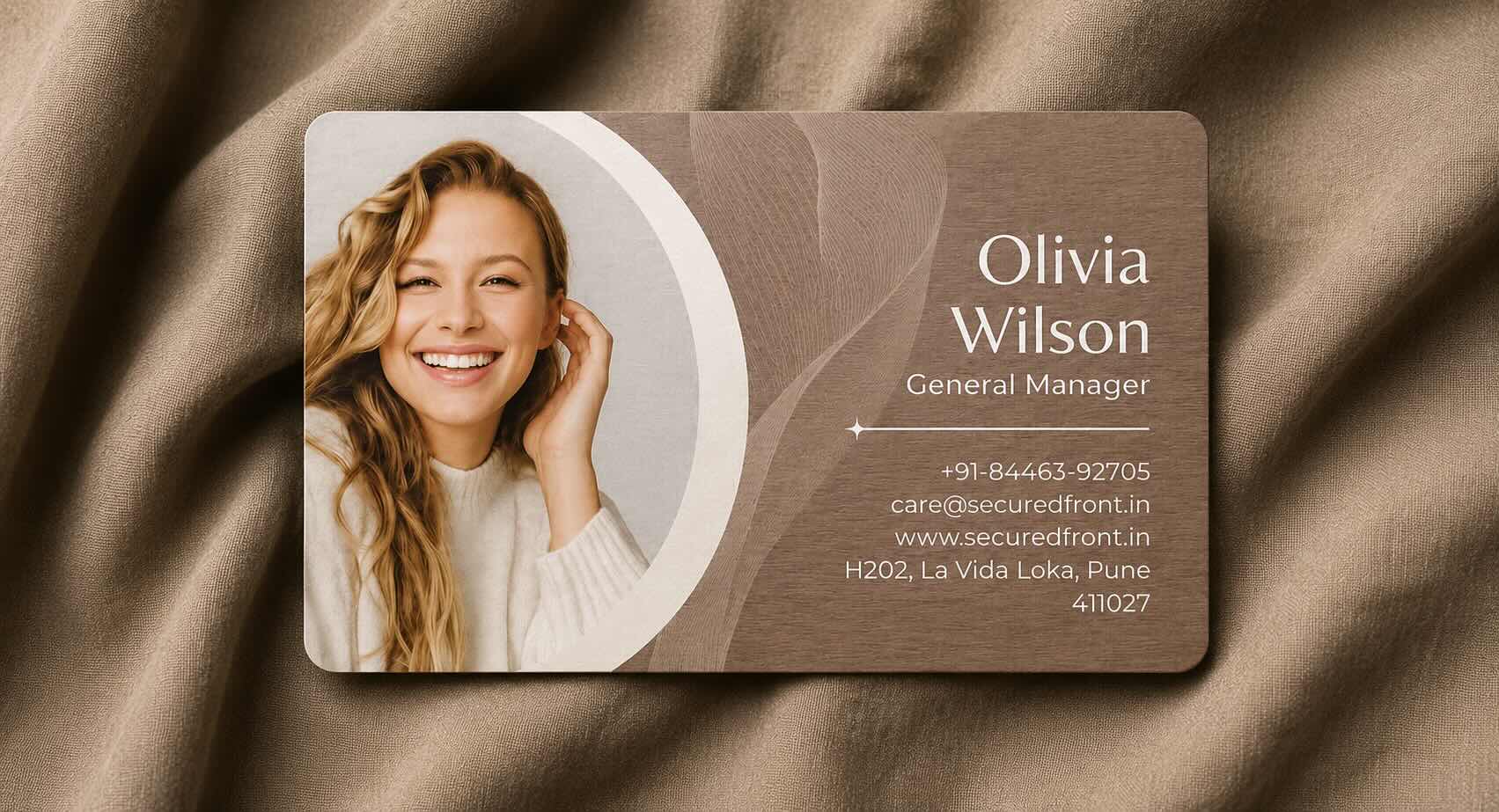 Custom NFC visiting card featuring a portrait, branding and printed contact details